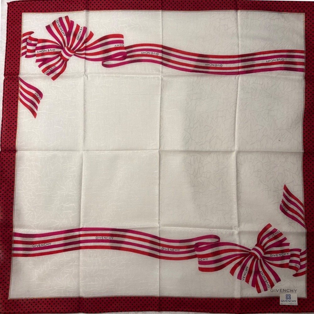 VTG GIVENCHY Scarf Handkerchief Ribbon Bow Polka Dot White Red 19.5in